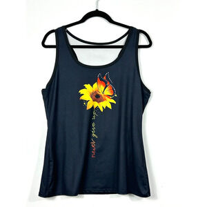 DENATER Racerback‎ Tank Top Womens XLarge Black Sunflower Butterfly Graphic